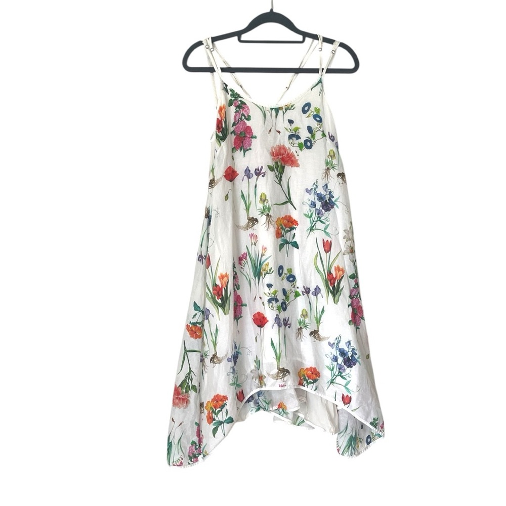 Women's White Floral Botanical Print Flowy Midi Strappy Sundress Coverup, Size S